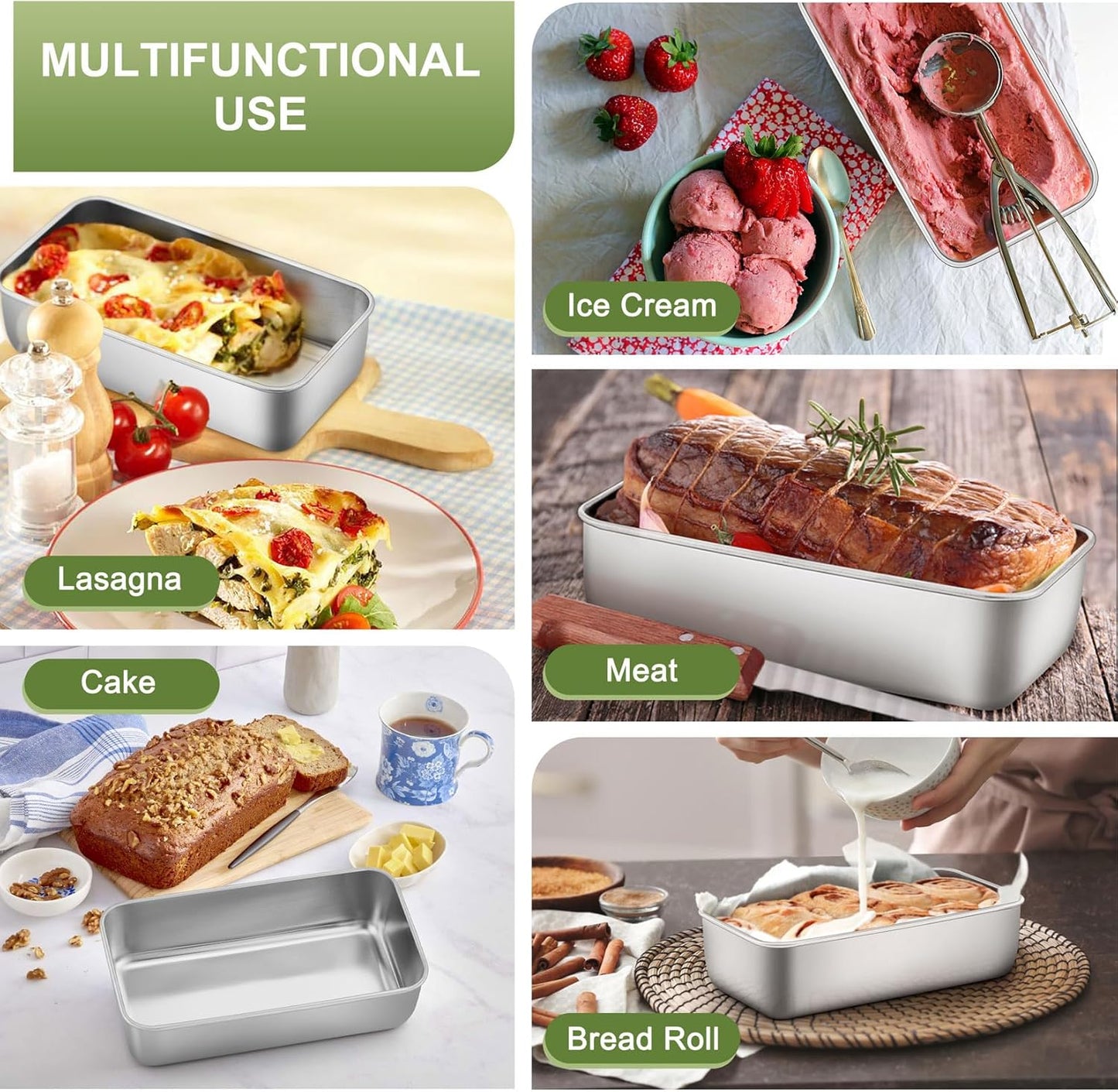 P&P CHEF Loaf Pan Set, 9 x 5 Inch Bread Pans, Stainless Steel Loaf Toast Baking Pans For Bread Meatloaf Lasagna Cake, Healthy & Non Toxic, Oven & Dishwasher Safe,(Silver, 2Pcs)