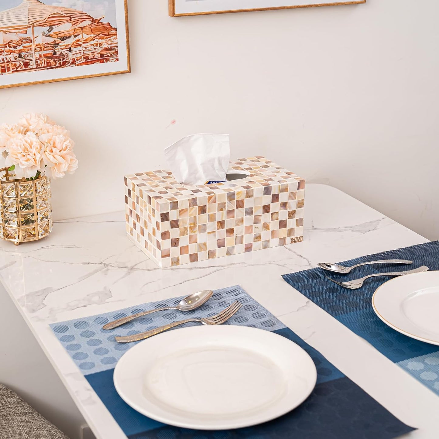 PEMAR Rectangular Mother of Pearl Tissue Box Capiz Shell Handmade Rectangle Tissue Box Cover Holder Decorative Napkin Dispenser Organizer Rustic Farmhouse Vintage Decor (Brown Checkered)