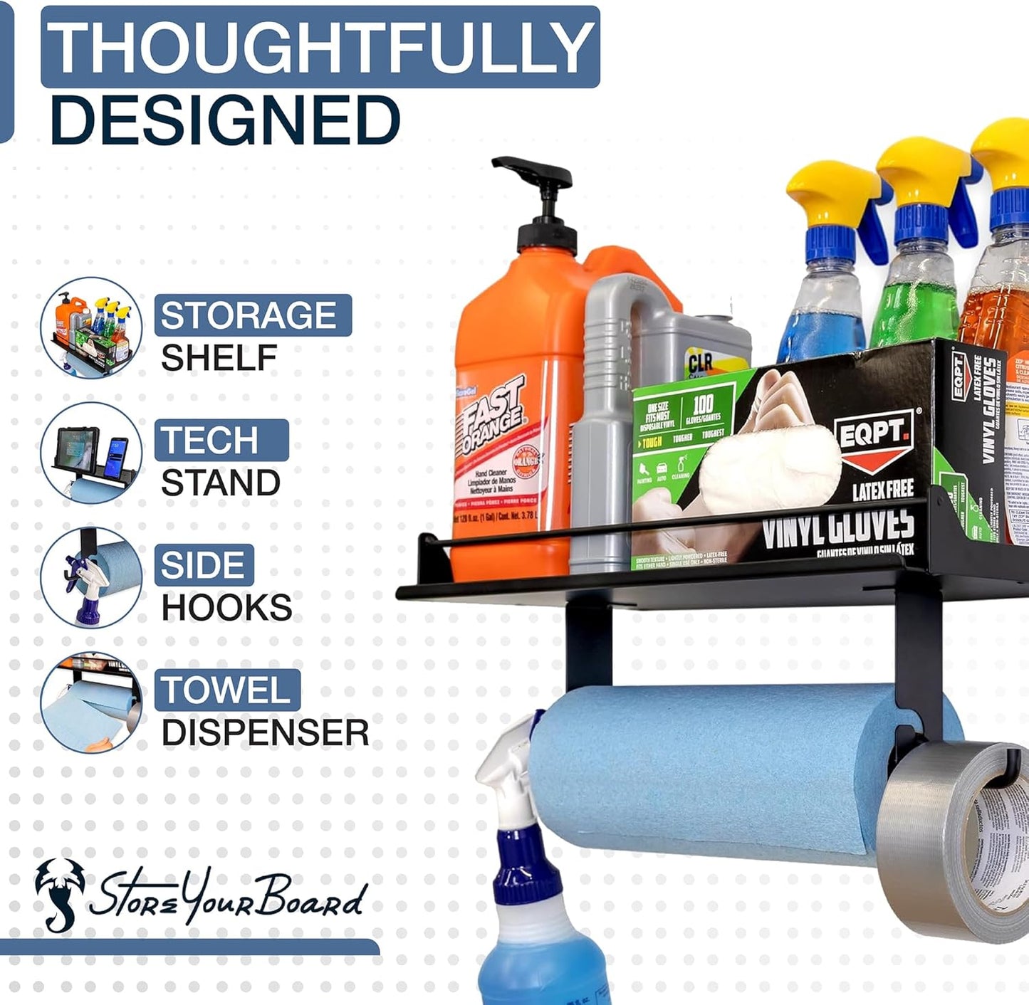 StoreYourBoard Paper Towel Holder Wall Mount with Garage Shelf – Heavy Duty Garage Wall Shelving and Utility Shelves for Workshop Organizers, Paper Towel Storage, & Shelf Use - Black