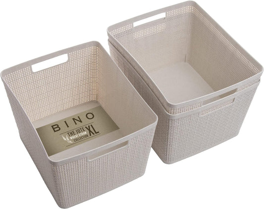BINO Woven Plastic Basket | Large (Natural), 3-Pack | THE JUTE COLLECTION | Home Organization, Space-Saving Storage, Stylish Design | Plastic Storage Basket