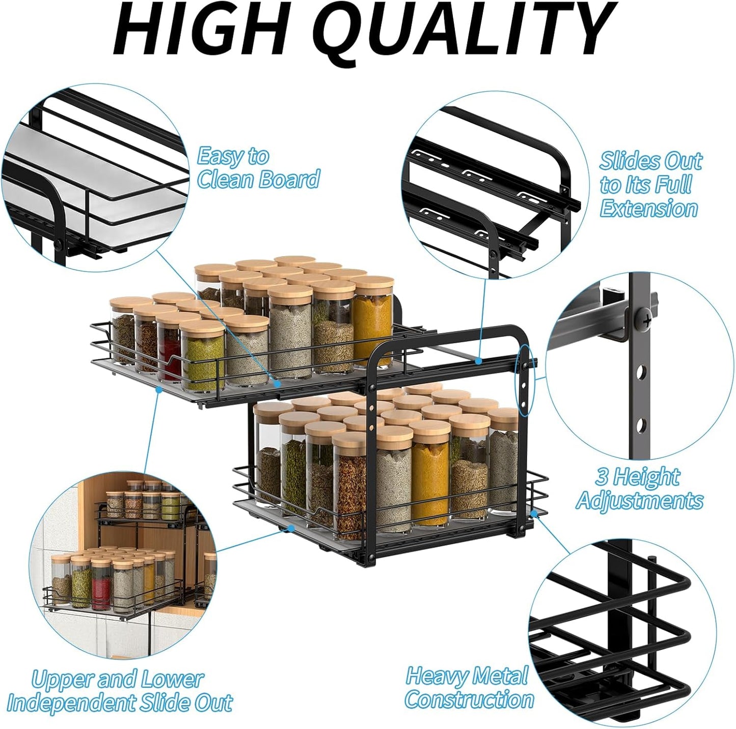 2-Tier Spice Rack, Pull Out Cabinet Organizer Spice Racks Height Adjustable Heavy Duty Metal Basket for Inside Cabinets & Pantry Closet(9.5''Wx10.5''Dx9.5''H)