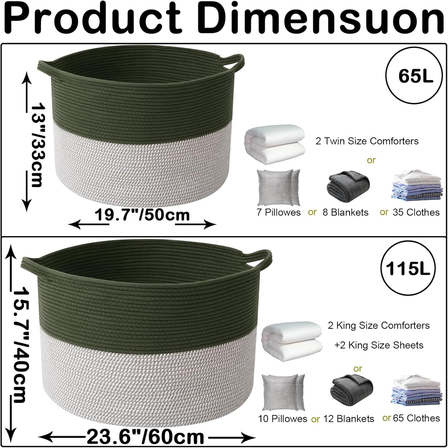 Large Blanket Basket for Organizing,115L Closet Organizers and Storage Bins Box for Shelves Woven Rope Storage Baskets,Living Room,Bedroom,Dorm,Laundry room (Green&White)