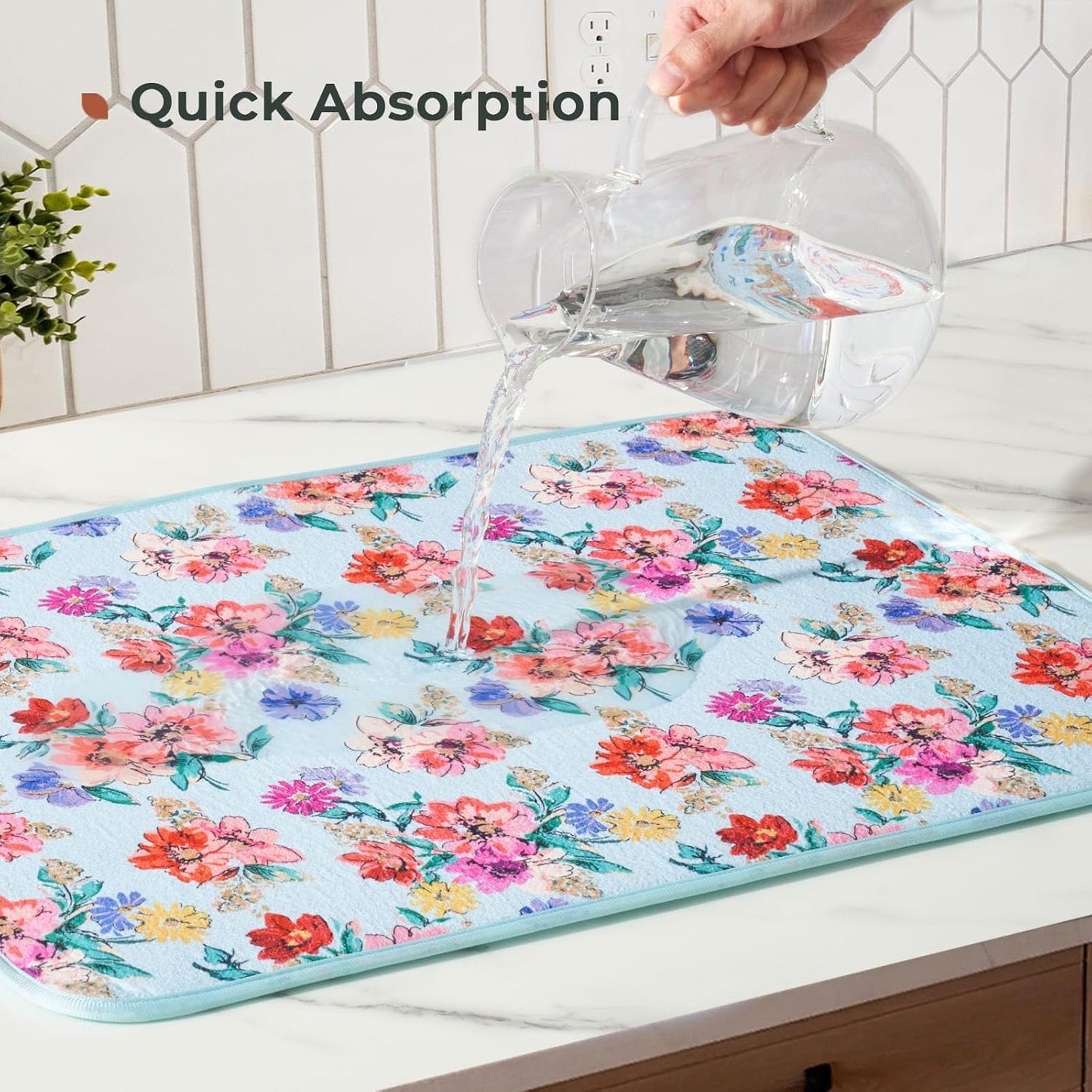 FRESHMINT Printed Dish Drying Mats for Kitchen Counter 2 Pack Absorbent Reversible Drying Mats Microfiber Kitchen Countertop Protector Dishes Drying Pad Extra Large 18"x16" Dish Mat