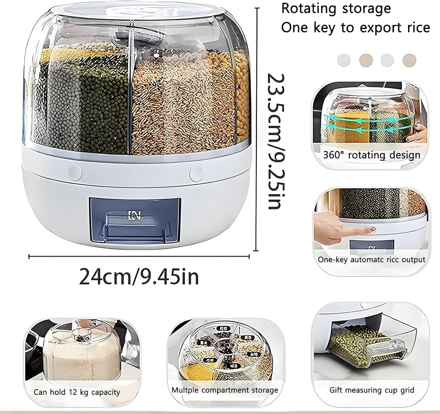 Rotating Grain Storage Bin 6 Grids Rice Container One-Click Output Large Capacity Food Dispenser For Rice Grains or Pet Food Sealed Moisture Proof Organizer