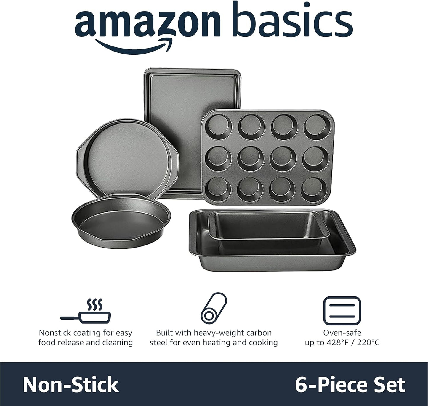 Amazon Basics 6 Piece Nonstick, Carbon Steel Oven Safe Bakeware Set with Cake, Muffin, Cookie, and Loaf Pans, 6 Piece, 16.25 x 11.75 x 6.25 inches