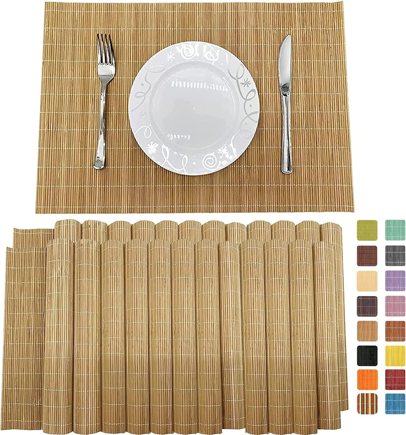 ANDSTAR Set of 24 Bamboo Placemats 17.7X11.8Inch Sushi Rolling Mat Japanese Style Bamboo Mat Natural Place Mats Washable Heat Resistant Table Mats for Dinner Dining Table Wedding Parties（Brown）