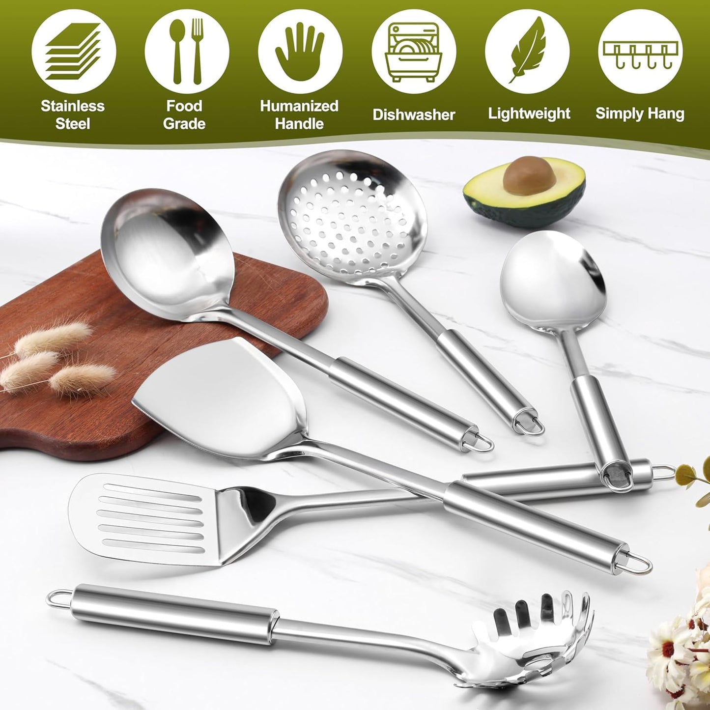 E-far Cooking Utensils Set, 10-Piece Stainless Steel Kitchen Utensils with Holder, Metal Heat Resistant Kitchen Cookware Tool Spatula Set for Cooking, Easy Clean & Dishwasher Safe