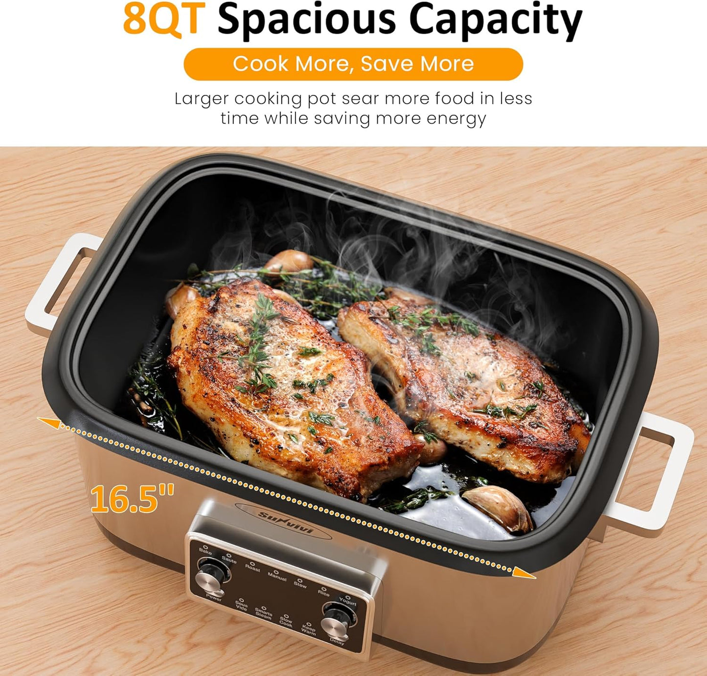 Sunvivi 8 Quart Slow Cooker Roaster Oven, 12 in 1 programmable Multi-Cooker Food Warmer with Digital Timer, Temp Control, Removable Cast Aluminum Pot & Dishwasher-Safe Tempered Glass Lid, Stainless