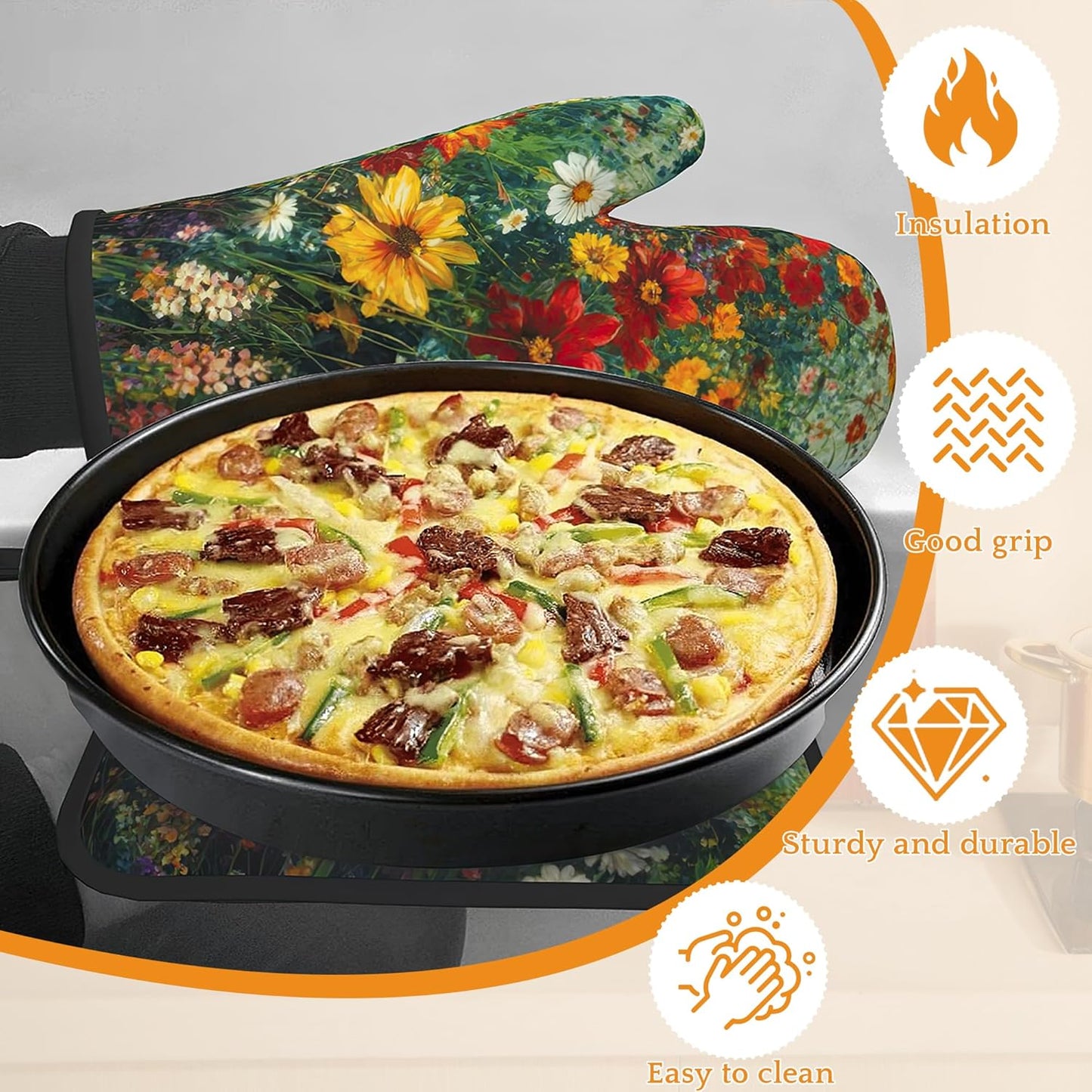 Vintage Flower Fields Oven Mitts and Pot Holders,Heat Resistant Oven Mitts Gloves and Pot Holder for Home Kitchen Decorations Cooking Baking BBQ Gifts,Set of 4