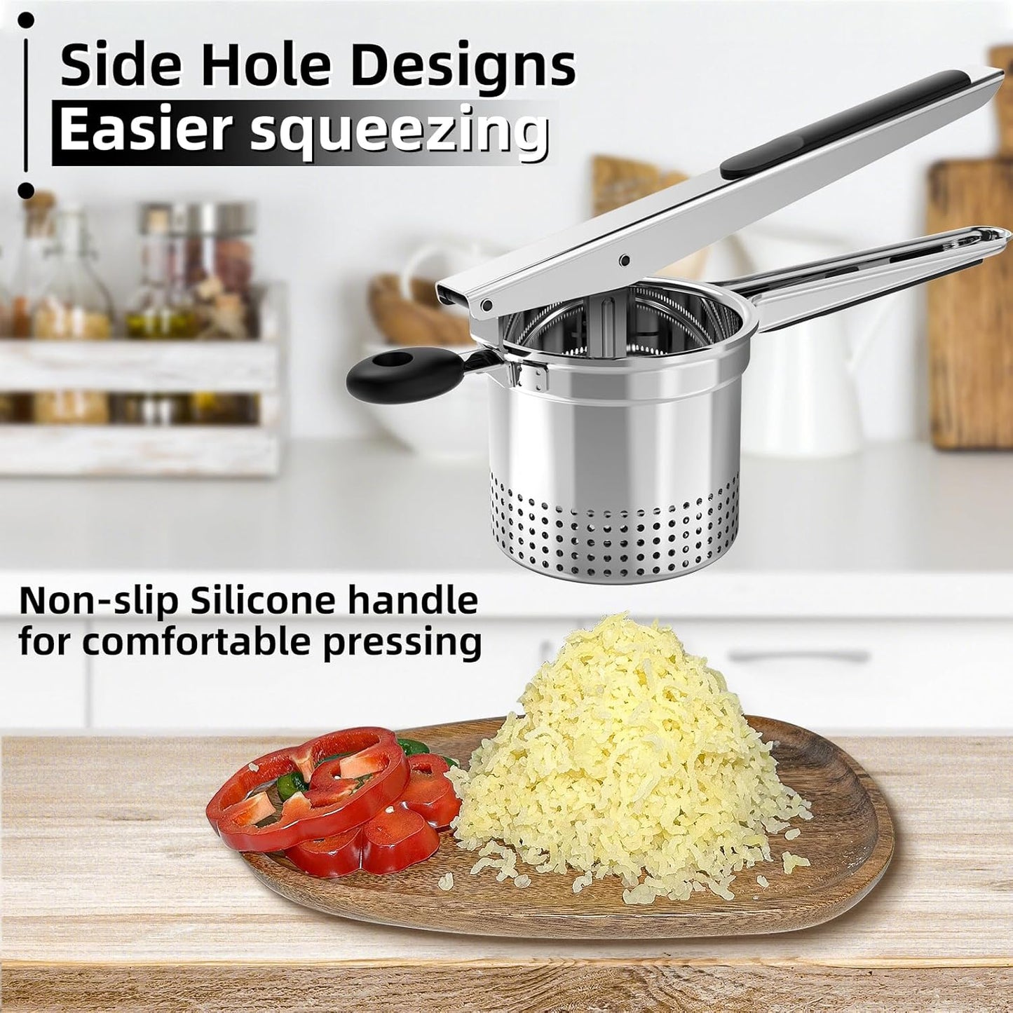 SPEENSUN Potato Ricer, Large 15 oz Potato Masher Make Fluffy Mashed Potatoes With Extra Hole, Heavy Duty Potato Ricer Stainless Steel, Comfort Non-slip Silicone Handle Ricer For Mashed Potatoes
