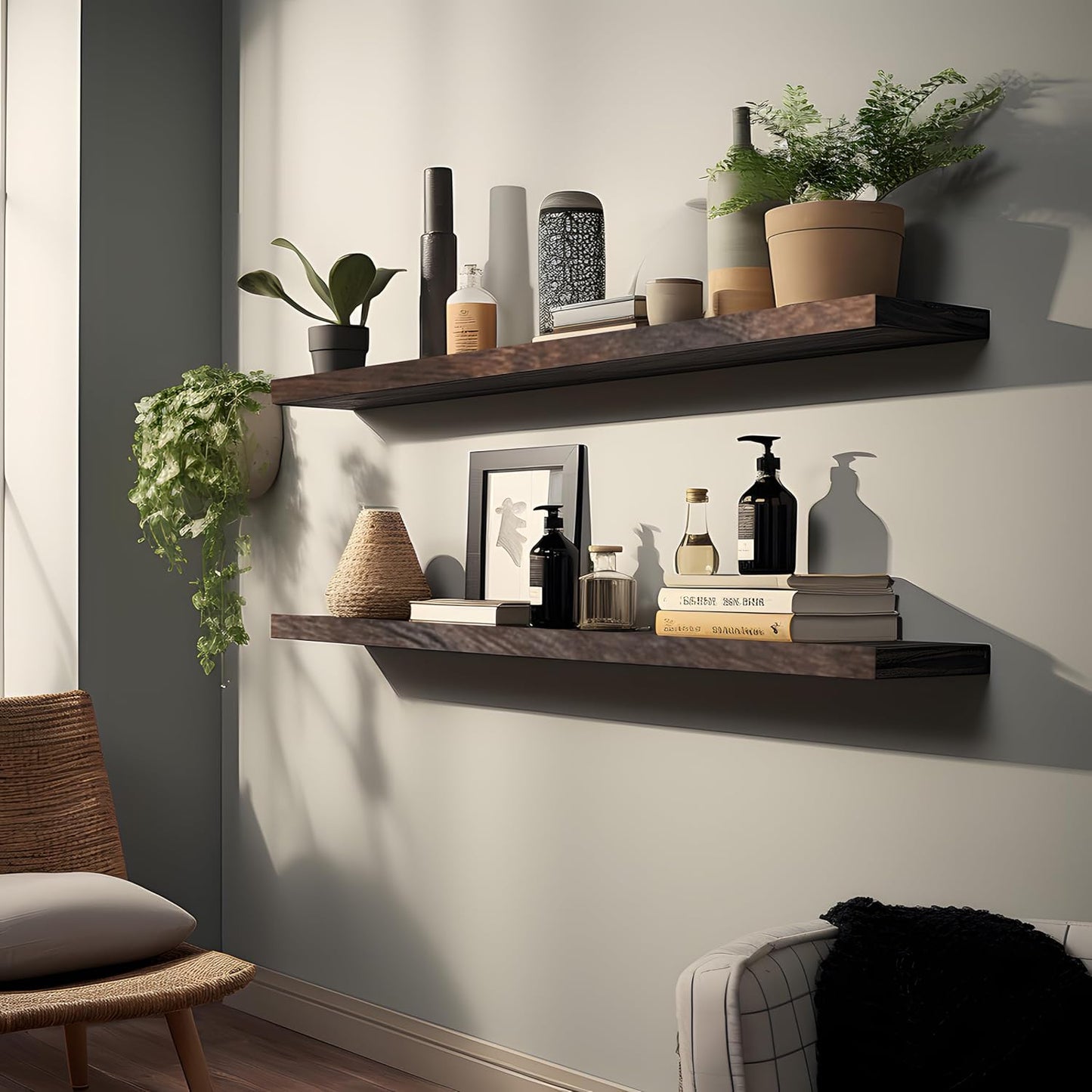 Wood Floating Shelves for Wall, Wooden Wall Shelves for Bedroom, Wall Mounted Shelves for Living Room, Set of 4 Brown 48 Inch