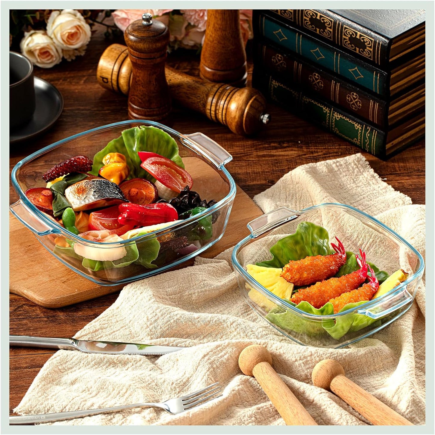 Maxcheck 2 Pieces Glass Casserole Dish with Lid Baking Casserole Dish Covered Cookware Microwave Bowls with Handle for Kitchen Restaurant Home Party Cooking, Oven Safe (Square, 0.8L/ 1.5L)