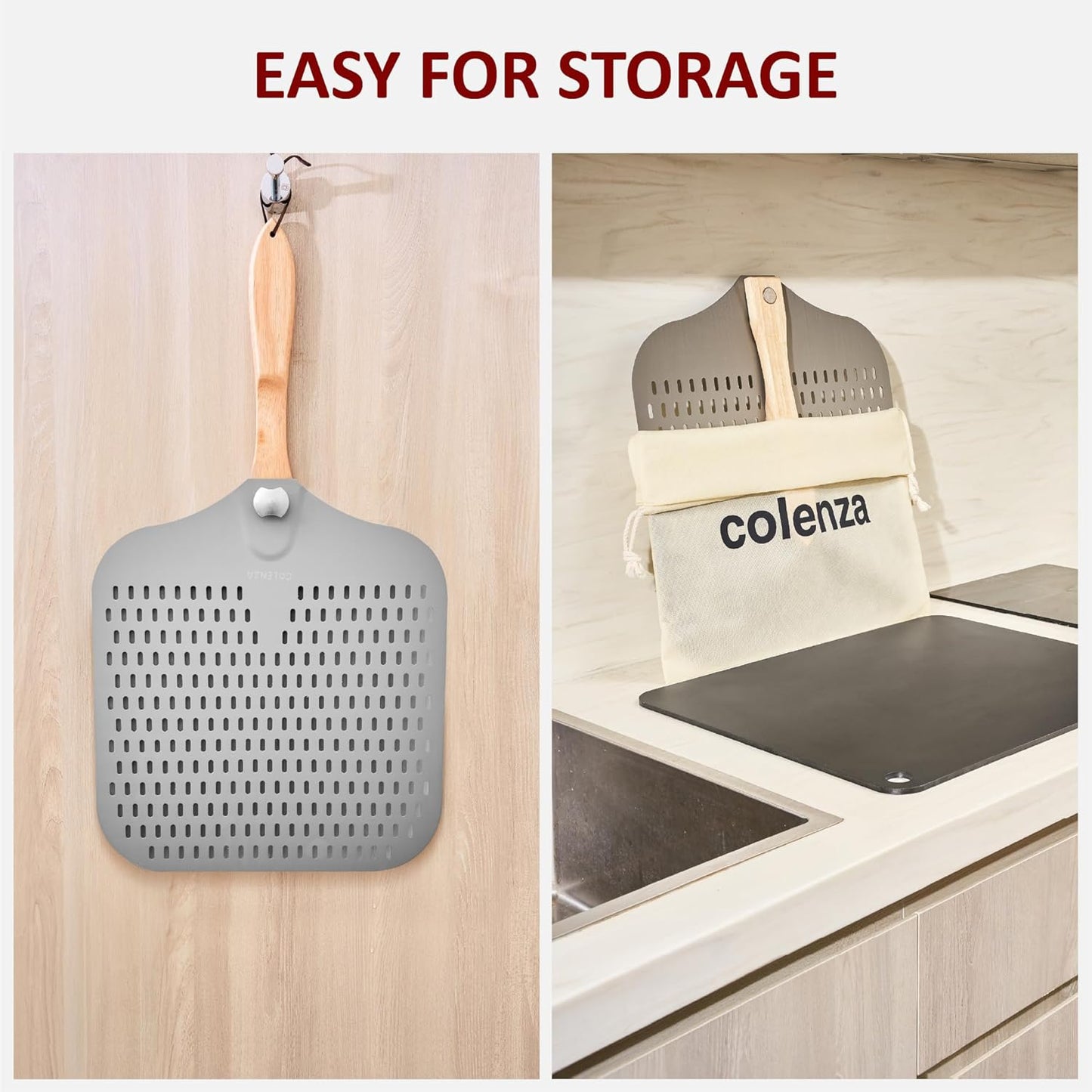 Pizza Peel 16 inch,16" Wx 18" L, Aluminum pizza peel with Foldable Wood Handle and Storage Bag, Non-perforated (16 inch Perforated)