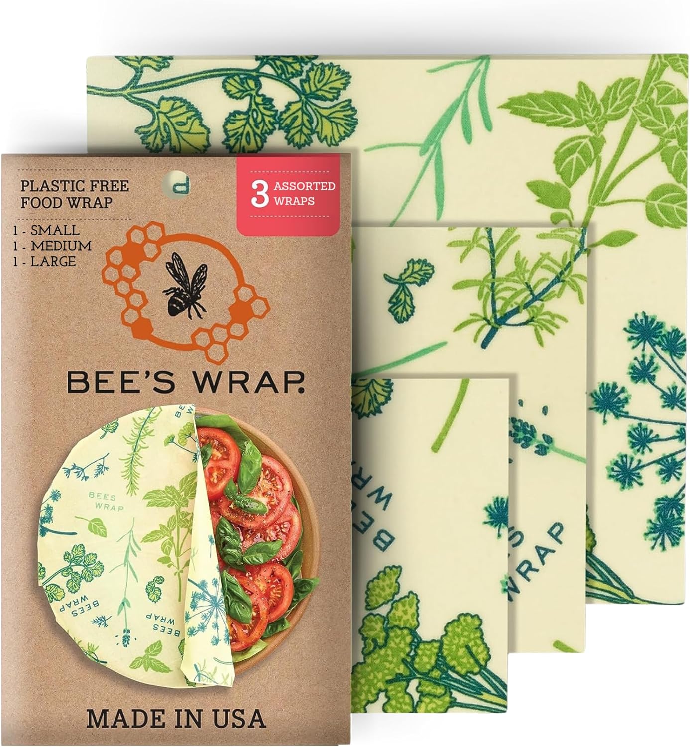 Bee's Wrap Vegan Beeswax Wraps for Food - Vegan Herb Garden 3 Pack (S, M, L) Made in USA Reusable & Organic Food Wraps, Sandwich Wrap & Bowl Covers - Eco Alternative to Aluminum Foil & Plastic Wrap