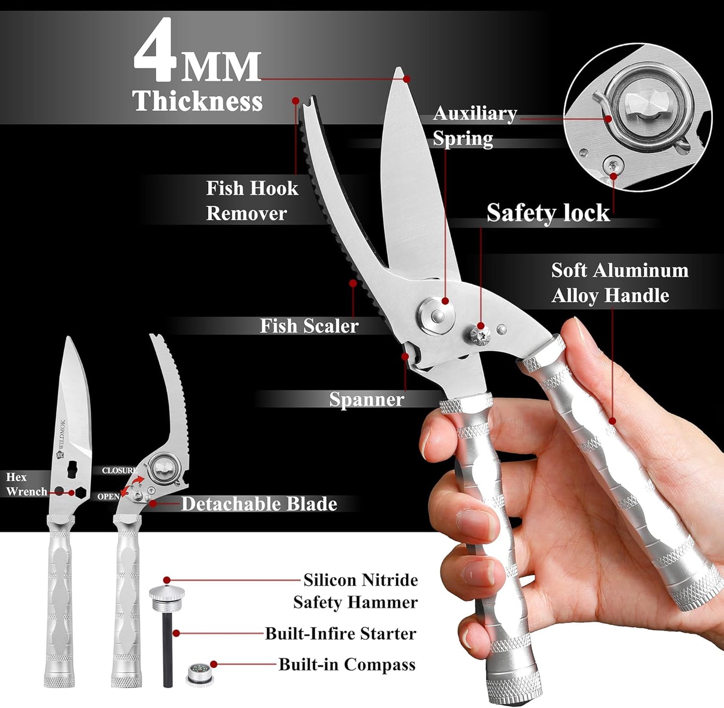 WILDMOK Heavy Duty Poultry Shears - 8.5 Inch Multi-function Stainless Steel Poultry Outdoor Shears, Ultra Sharp Kitchen Scissors for Outdoor Camp, White