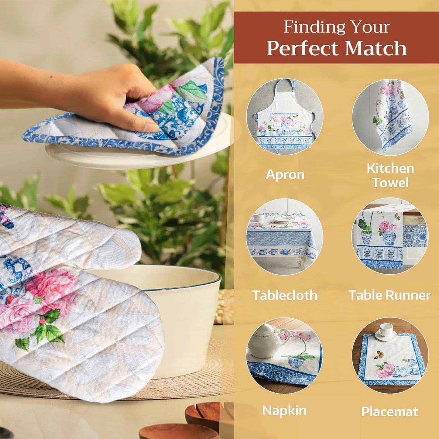 Maison d' Hermine 100% Cotton Oven Mitt & Pot Holder Set (7.5"x13" & 8"x8") Heat Resistant BBQ Cooking Gloves with Loop, Baking, Grilling, Kitchen, Handling Hot Pans Spring/Summer (Canton)