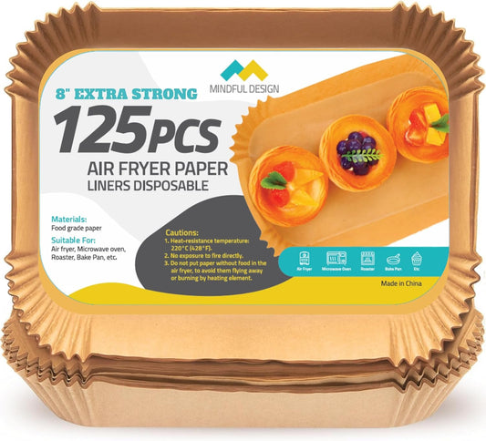 Mindful Design Air Fryer Paper Liners,125Pcs Parchment Paper, Air Fryer Disposable Liner for Microwave, Non-Stick Liners Rectangle Free of Bleach (8.5x5.5IN)