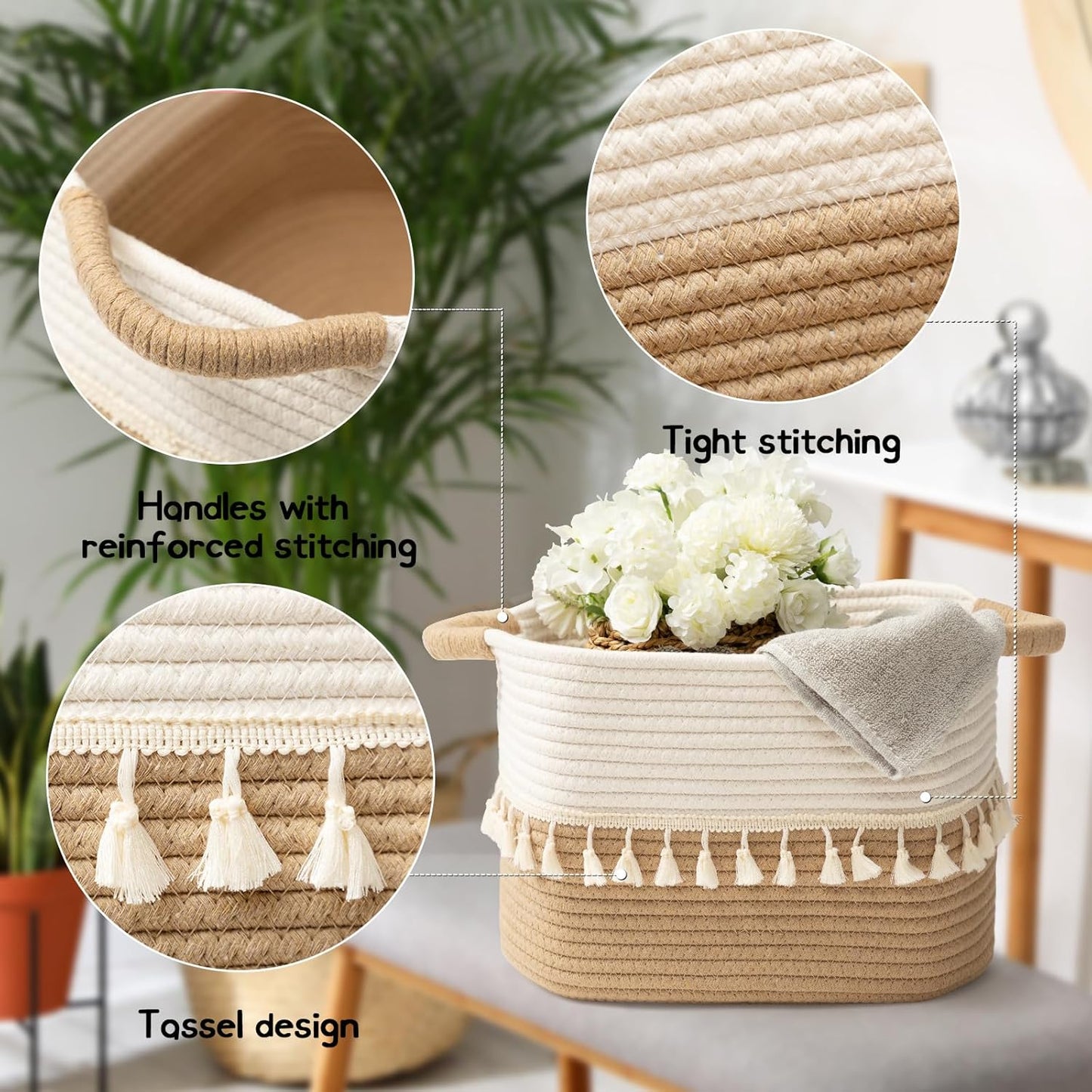 TeoKJ Woven Storage Bin Set of 3, Cotton Rope Basket for Storage, Clothes Boho Basket Bin for Organizing, Fabric Basket for Books, Plants, Pet Treats, White & Jute
