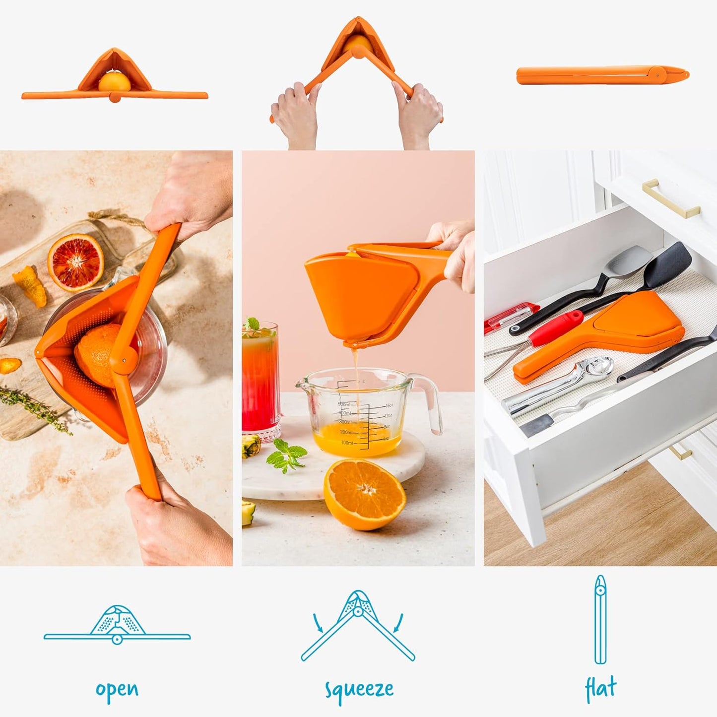 Dreamfarm Original Orange Fluicer Easy-Squeeze Fold-Flat Citrus Juicer - 11 Inch, Suits All Citrus