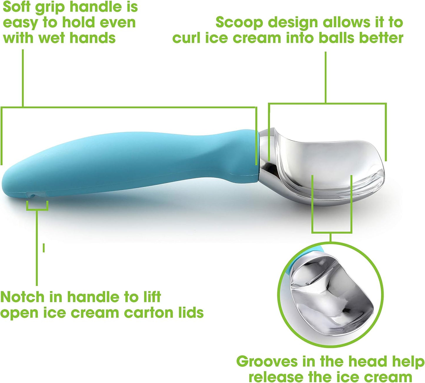 Spring Chef Stainless Steel Ice Cream Scoop with Soft Grip Handle - Heavy Duty Ice Cream Scooper for Frozen Yogurt, Gelato, Sundae, Melon, Sundae - Dishwasher Safe Premium Kitchen Tool - Aqua Sky