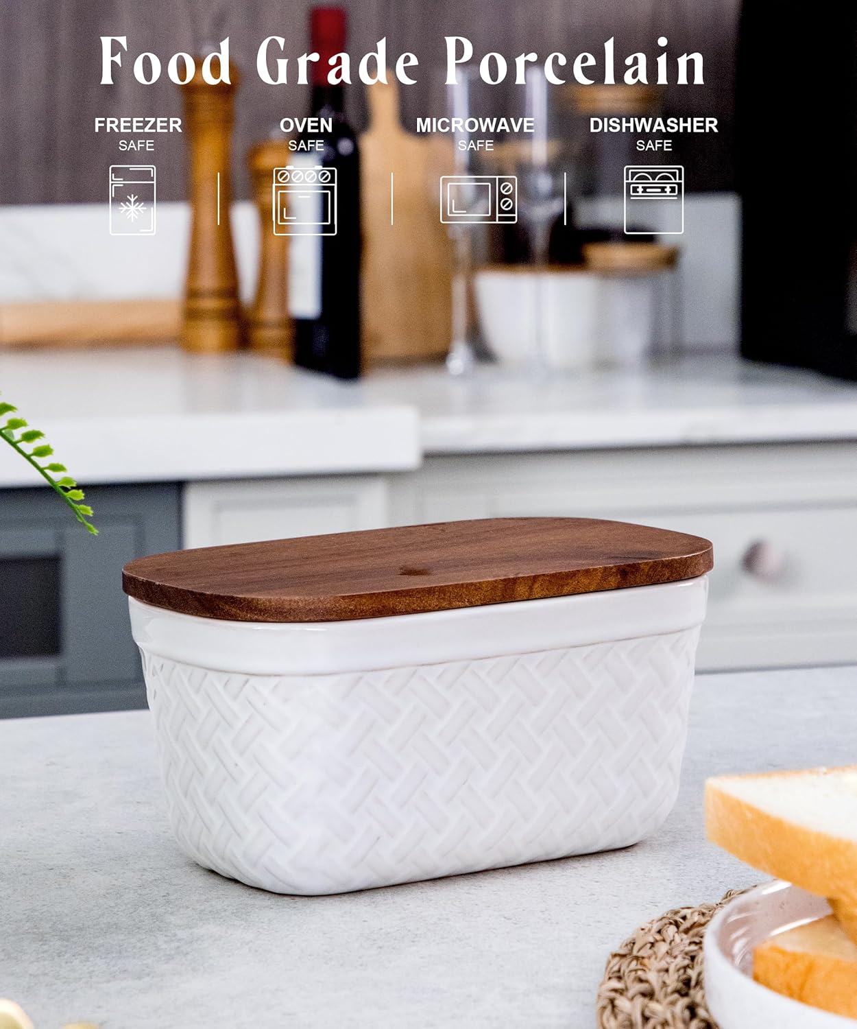 Nucookery Ceramic Butter Dish, Embossed Butter Keeper with Wood Lid for Countertop, Butter Holder and Container with Double Silicone Seal, Woven Pattern