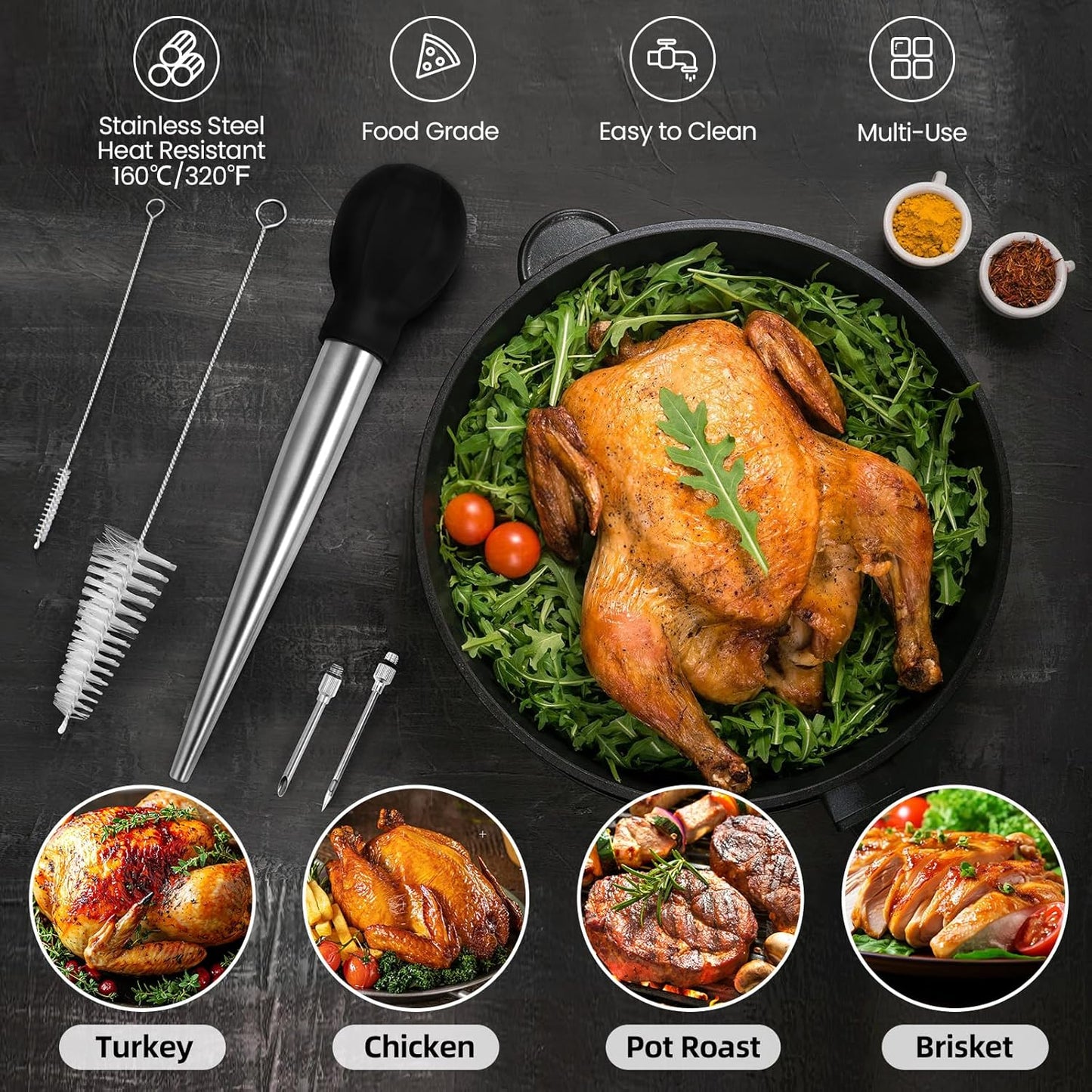 SCHVUBENR Large Turkey Baster with Cleaning Brush & Needle - Stainless Steel Baster Tool for Cooking - Easy to Use and Clean - Heavy Duty Baster Syringe - Flavor Meat Poultry, Beef, Chicken - Black