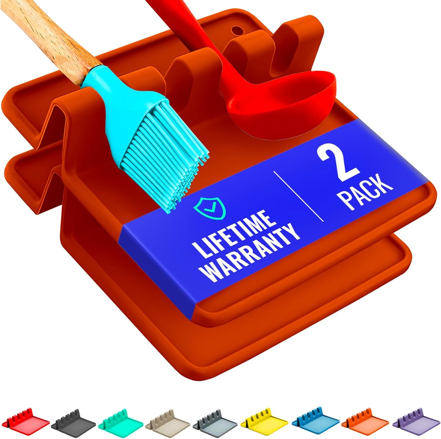 Red Silicone Spoon Rest for Stove Top with Drip Pad (Two Pack) - Heat-Resistant, BPA-Free Utensil Rest & Spoon Holder for Kitchen Counter - Grill Utensil Holder for Spatulas, Tongs, Ladles