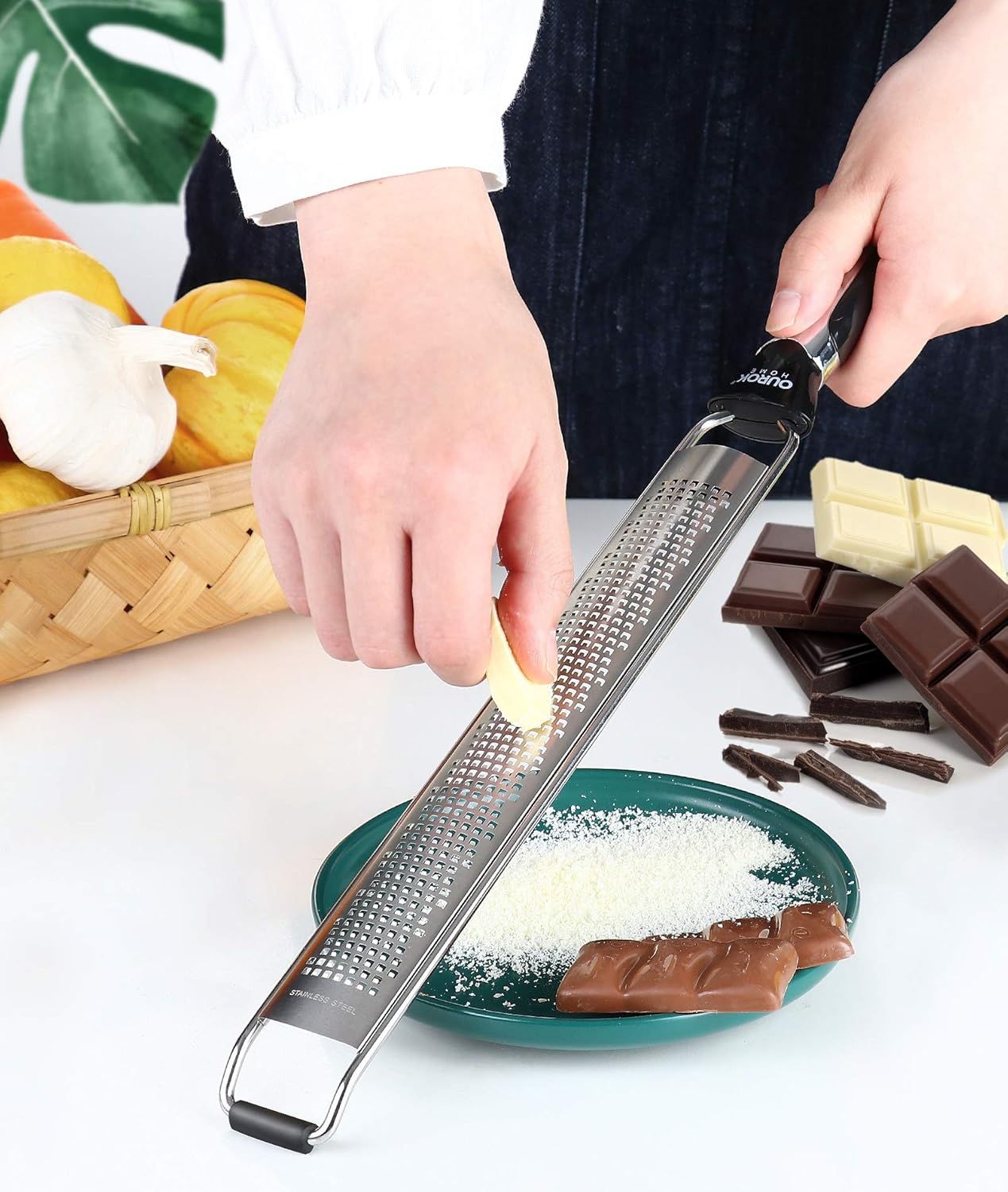 Ourokhome Kitchen Lemon Zester, Stainless Steel Hand Held Parmesan Cheese Grater for Ginger, Chocolate, Coconut, Lime, Nutmeg, Citrus, Fruit, Vegetable with Cleaning Brush, Dishwasher safe, Black