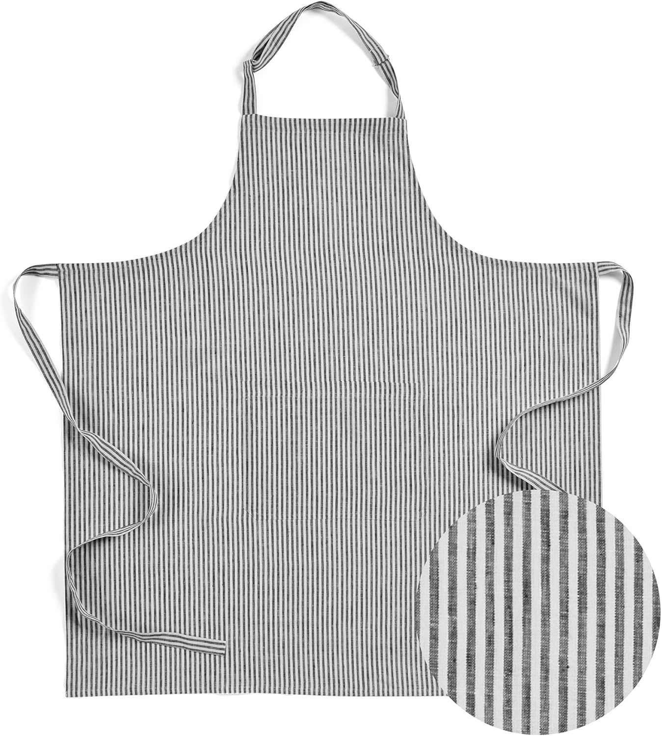 Solino Home 100% Pure Linen Apron for Women & Men - Black and White Stripe Full Midi Bib Apron, Adjustable Neck Strap with Center Pockets for Kitchen, Chef - Handcrafted from European Flax