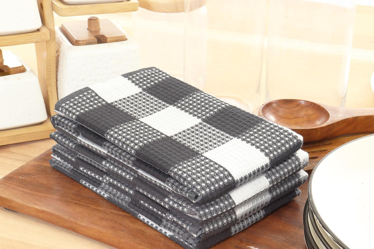 PurpleEssences 100% Cotton Waffle Weave Check Plaid Kitchen Towels, Super Soft and Absorbent Dish Towels for Drying Dishes 15 x 25-6 Pack - Spring Summer - Steel Grey and White