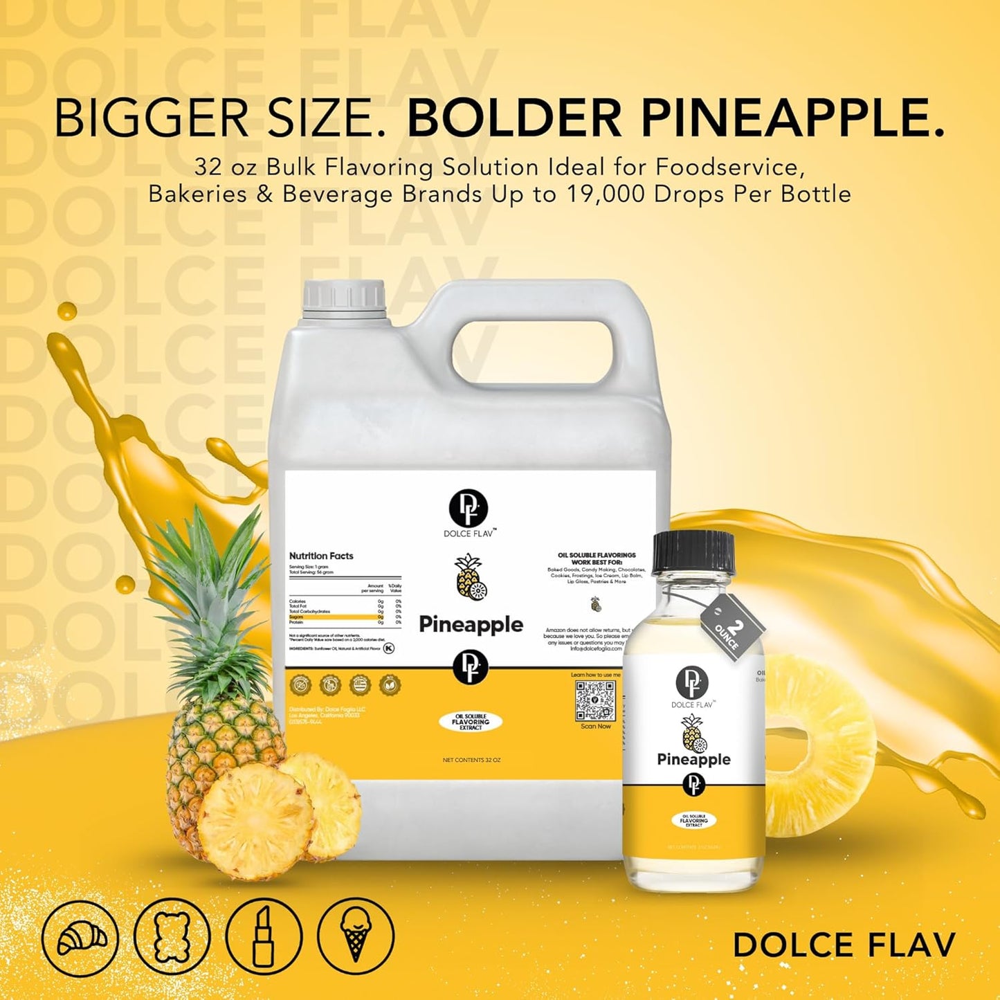 Dolce Flav Pineapple Extract – 1 Gallon Oil-Soluble Kosher, Sugar-Free, Concentrated Tropical Flavor for Candy, Chocolates & Desserts, Includes Measured Dropper