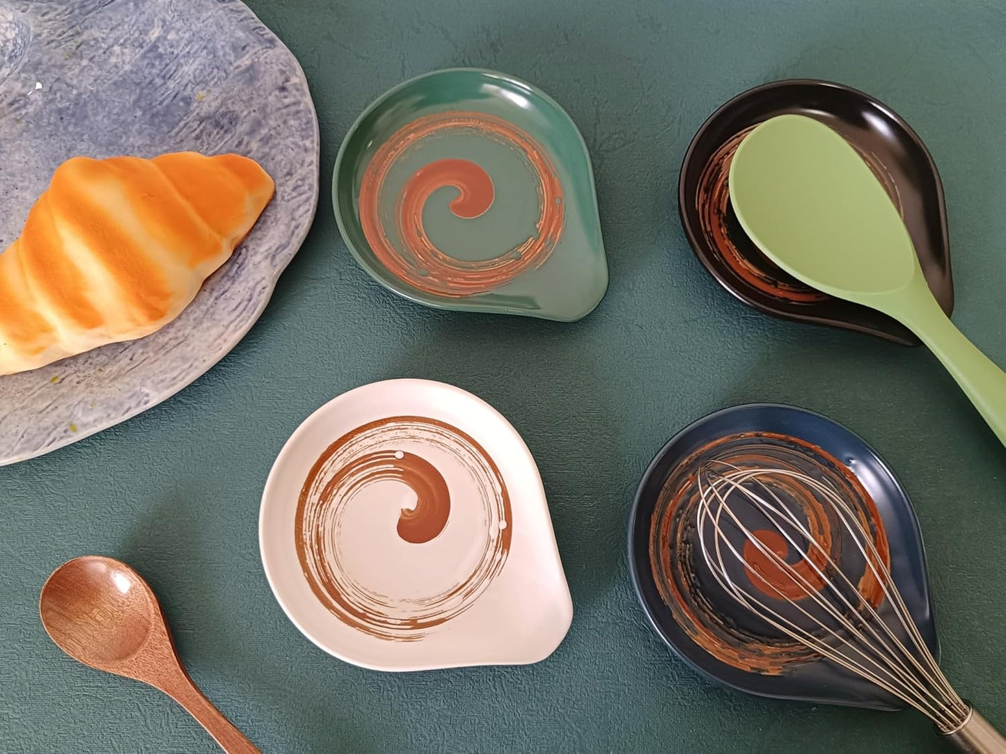 Ceramic Spoon Rest for Stove Top, Hand Painted Brown Swirl Spoon Rest for Kitchen Counter, Retro Cooking Spoon Holder for Kitchen Counter, Utensil Rest for Spatula Ladle or Tong (White)