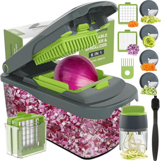Ourokhome Onion Chopper Dicer with Container, Manual Food Cutter with Handheld Veggie Spiral, Hand Vegetable Mandolin slicer for Potato, Tomato, Carrot, Essential Kitchen Gadget (6 in 1, Gray)