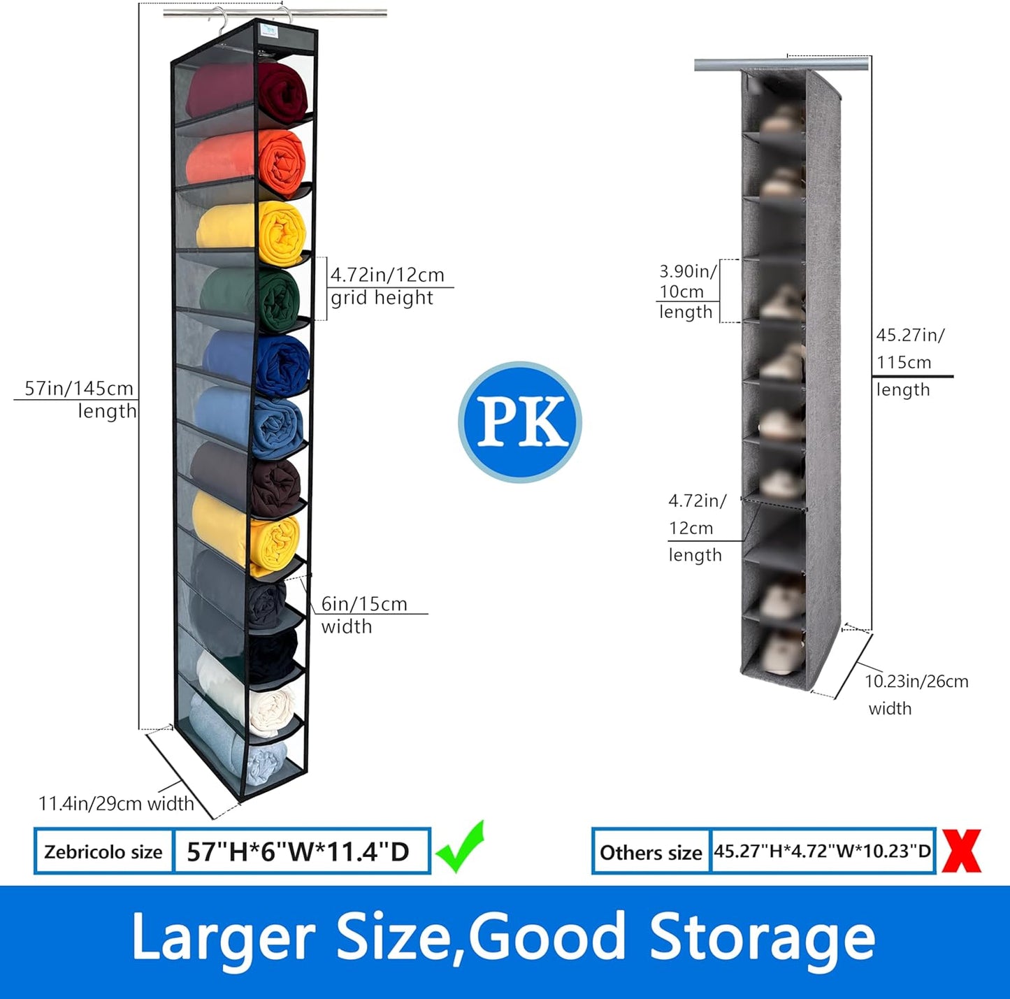 Closet Organization,12 Section,Hanging Closet Organizer,Space Saving, College Dorm Essentials for Girls, Heavy dutys Hooks Up to 45 Pounds, Clothes Storage,Closet Organizer,Grey/Black