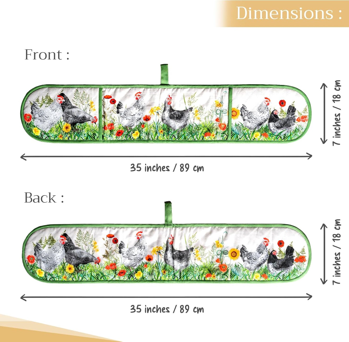 Maison d' Hermine Double Oven Mitts 100% Cotton 7"x35" Double Oven Mitt Heat Resistant BBQ Cooking Gloves with Loop, Baking, Grilling, Home, Kitchen, Handling Hot Pans Spring Summer (Basse Cour)