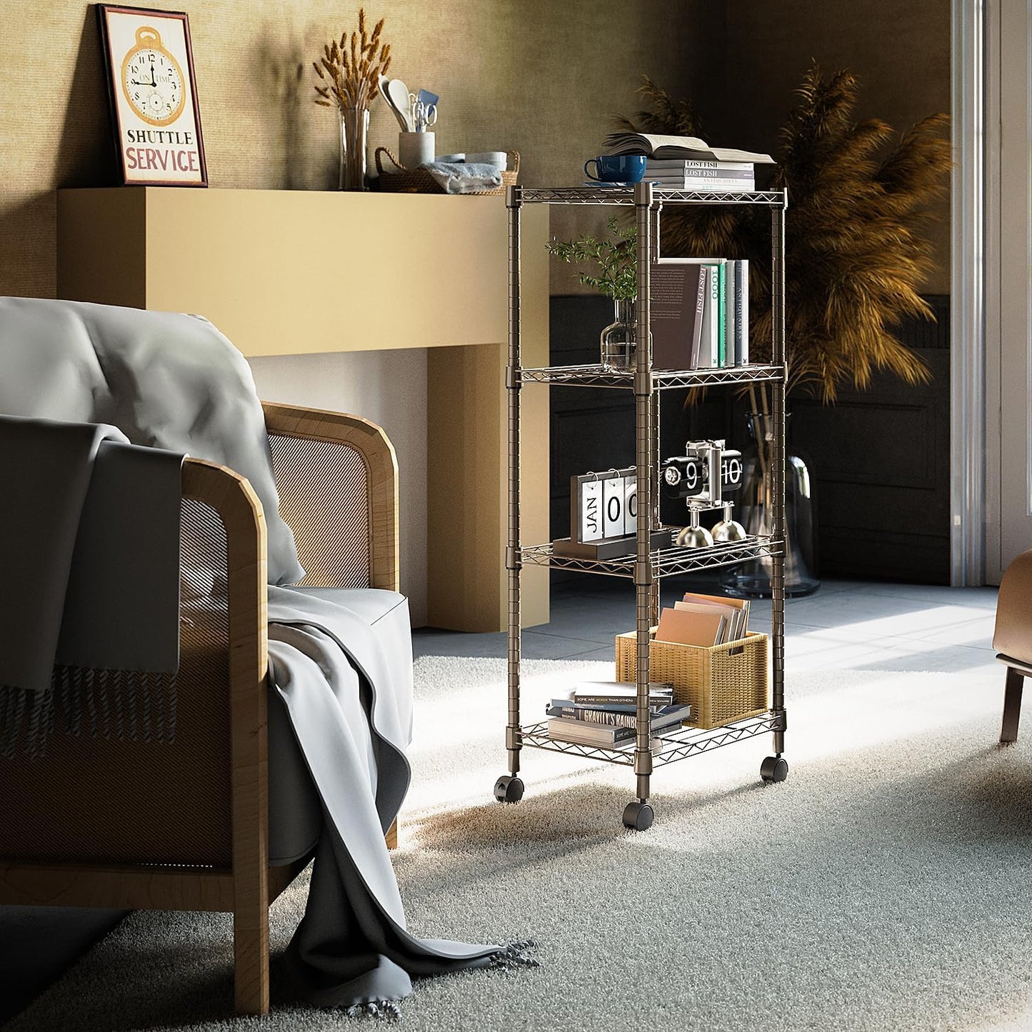 1000 lbs 4-Shelf Adjustable Heavy Duty Steel Wire Rack, Adjustable Storage Shelving Unit with Wheel for Kitchen, Garage, Laundry Brown 11.8" D x 17.7" W x 40.8" H