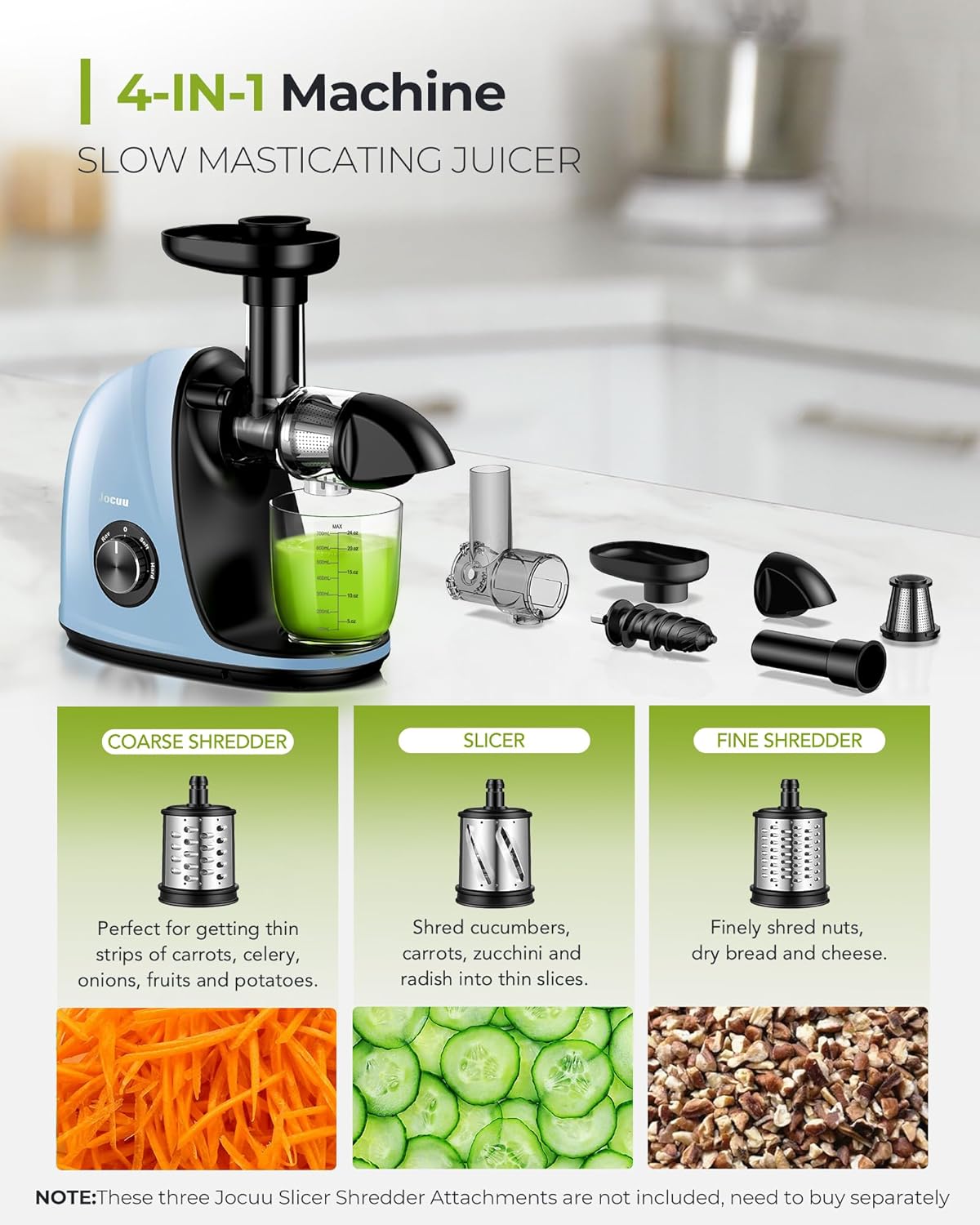 Jocuu Slow Masticating Juicer with 2-Speed Modes - Cold Press Juicer Machine - Quiet Motor & Reverse Function - Easy to Clean Juicer Extractor - Juice Recipes for Fruits & Vegetables (Light Blue)