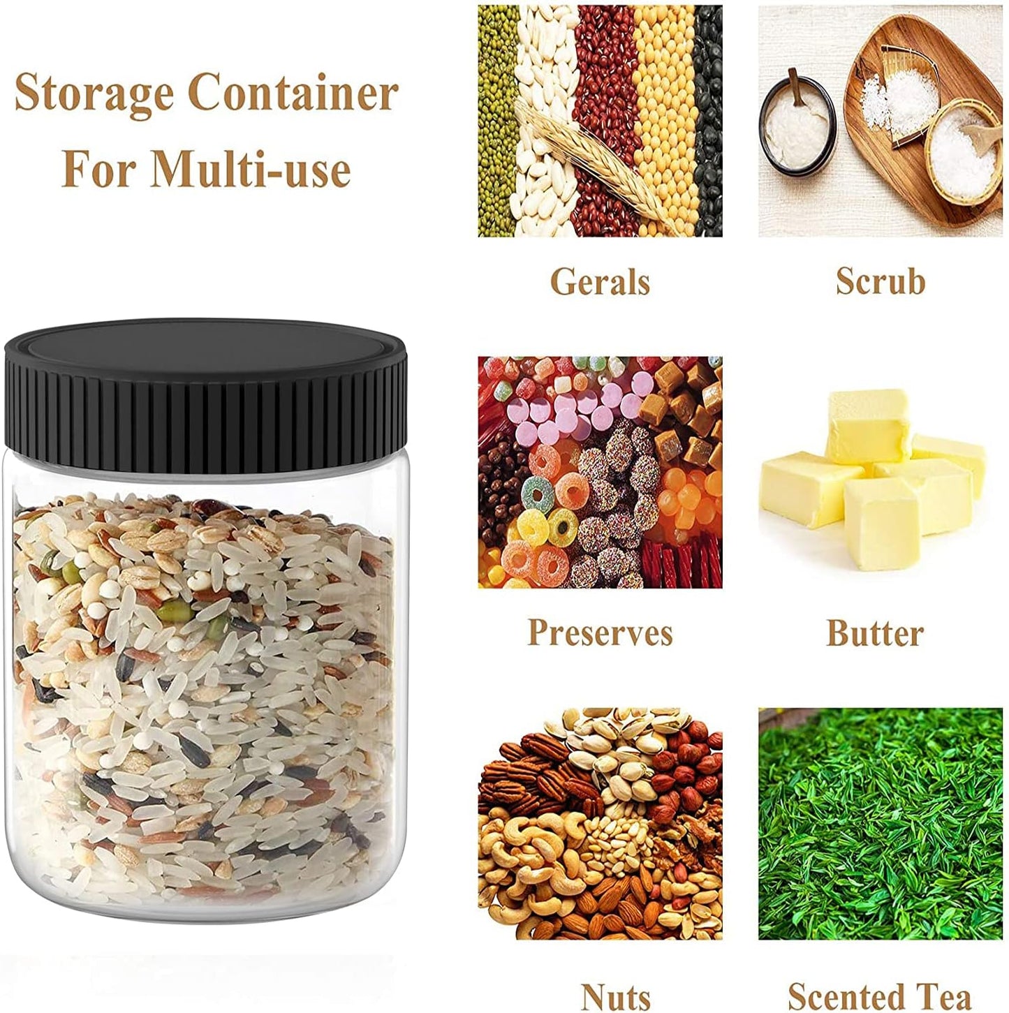 8 Oz Clear Plastic Jars with Black Lids Refillable Kitchen Storage Containers for Dry Food, Coffee, Nuts and More, 6 Pack