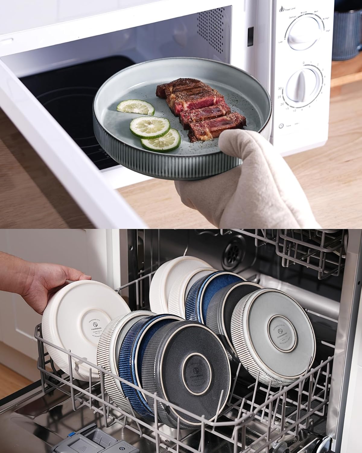 famiware Star 8.25" Pasta Bowls, Large Dinner Bowls Set of 4, Salad Bowl Plates, Shallow Bowls for Eating, Smoky Blue