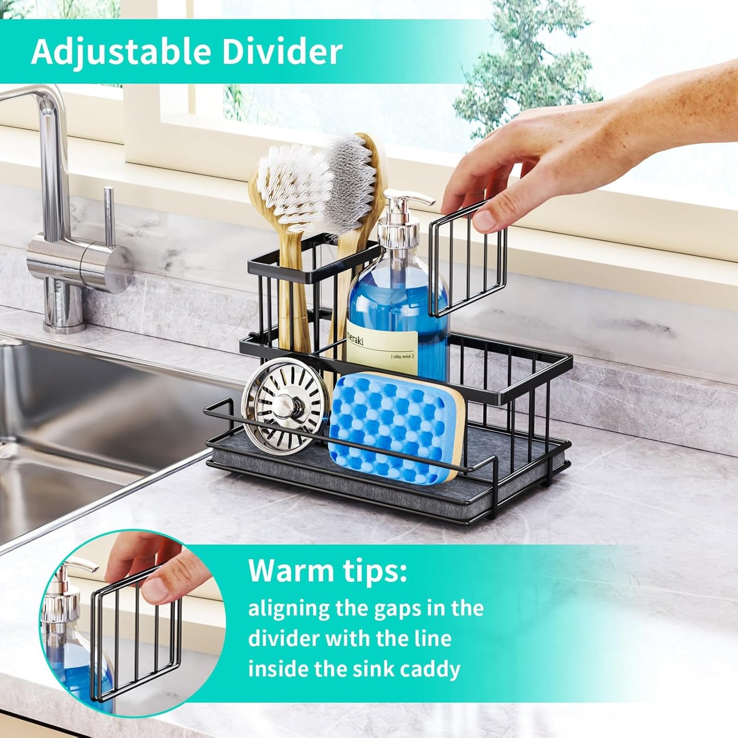 HapiRm Sink Caddy Sponge Holder - Kitchen Sink Organizer with Instant Drying Stone and Brush Holder, Stainless Steel Sponge Caddy for Kitchen Countertop - Black