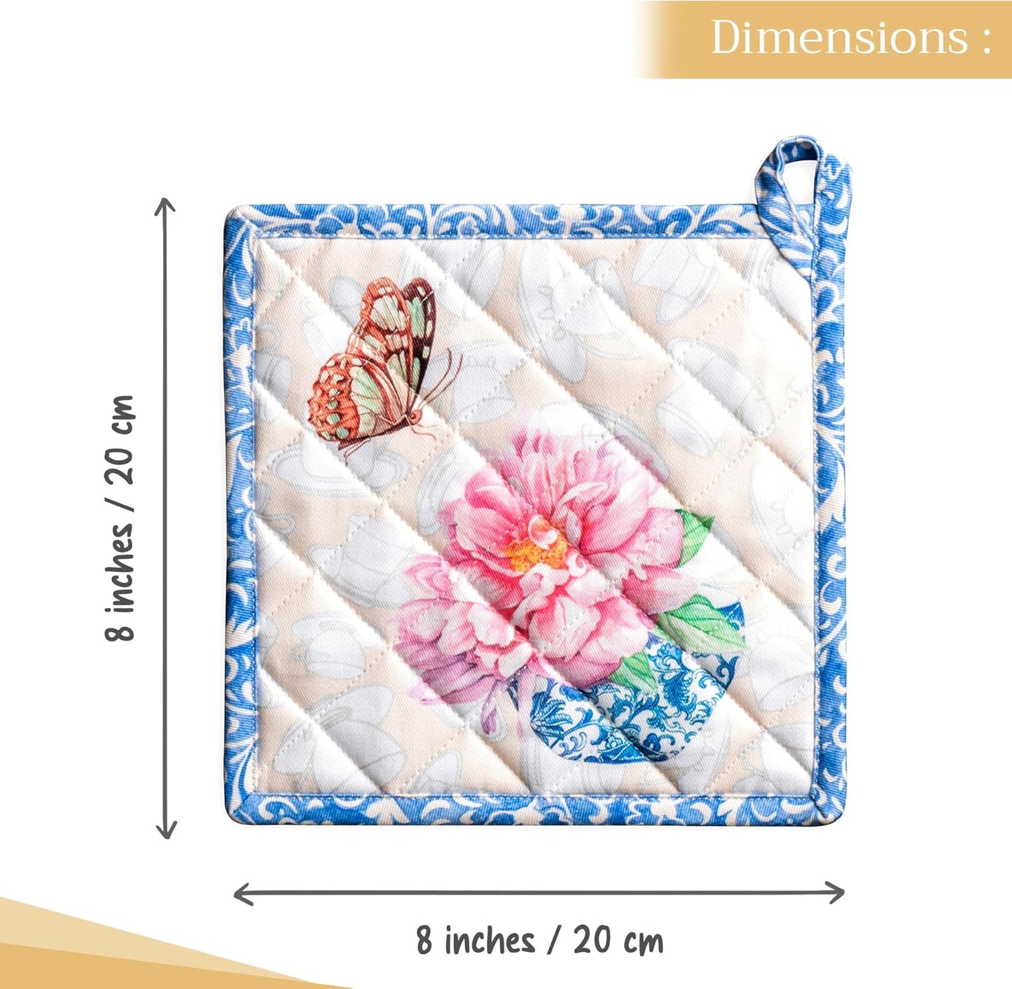 Maison d' Hermine Pot Holders Set 100% Cotton Heat Resistant Potholders 8" x 8" Hot Pads with Loop BBQ, Cooking, Baking, Grilling, Kitchen, Handling Hot Pans Spring/Summer (Pack of 2, Canton)