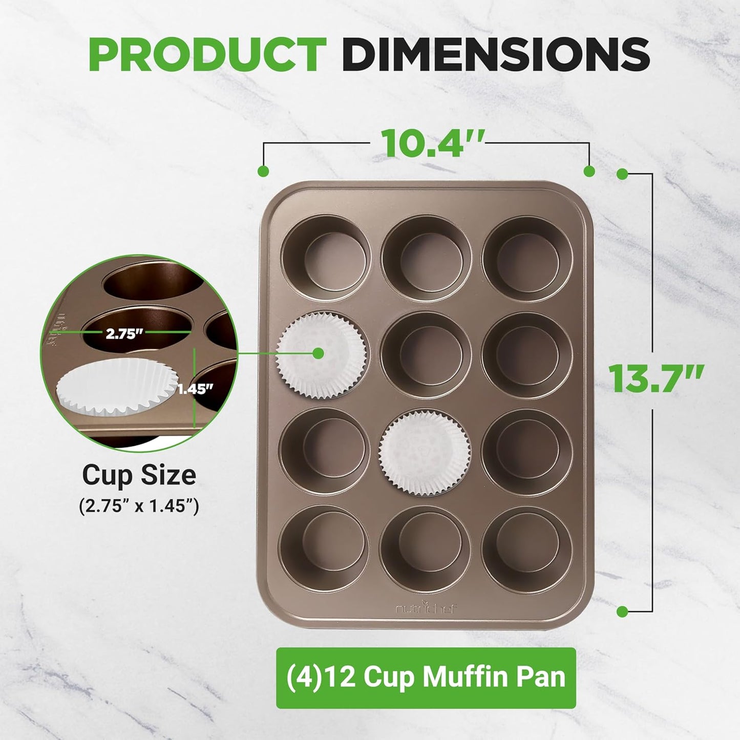 NutriChef Muffin Pans for Baking 4-Pack | Nonstick 12 Mold Cupcake Tins | Carbon Steel Stackable Cup Cake Trays | Dishwasher & Oven Safe | Includes 200 Parchment Paper Liners | 13 x 10 x 1 | Gold