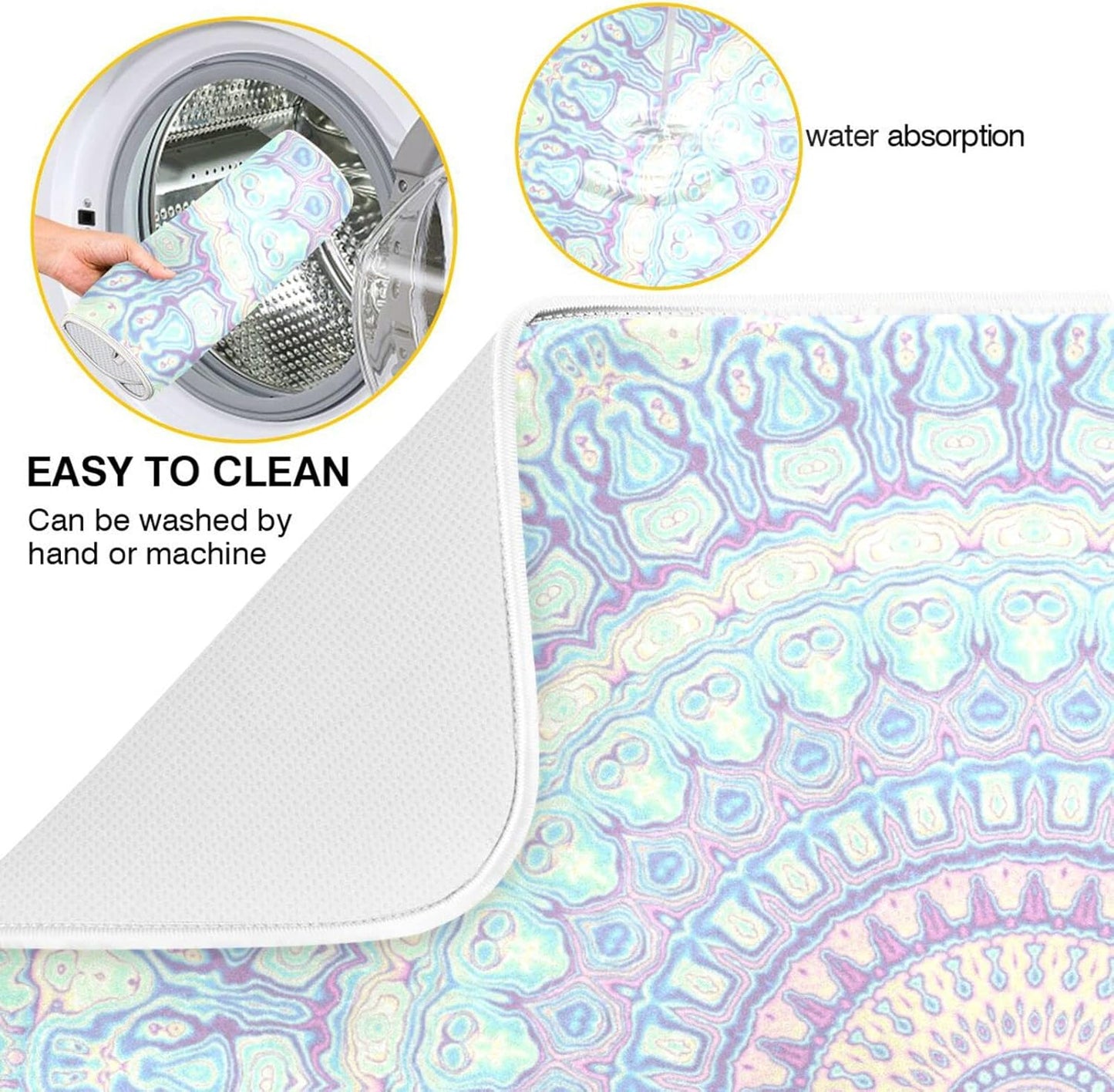 Mandala Bohemian Dish Drying Mat for Kitchen Counter Boho Ethnic Absorbent Microfiber Drying Pad, Medium 16x18 in, Reversible Drainer Mats