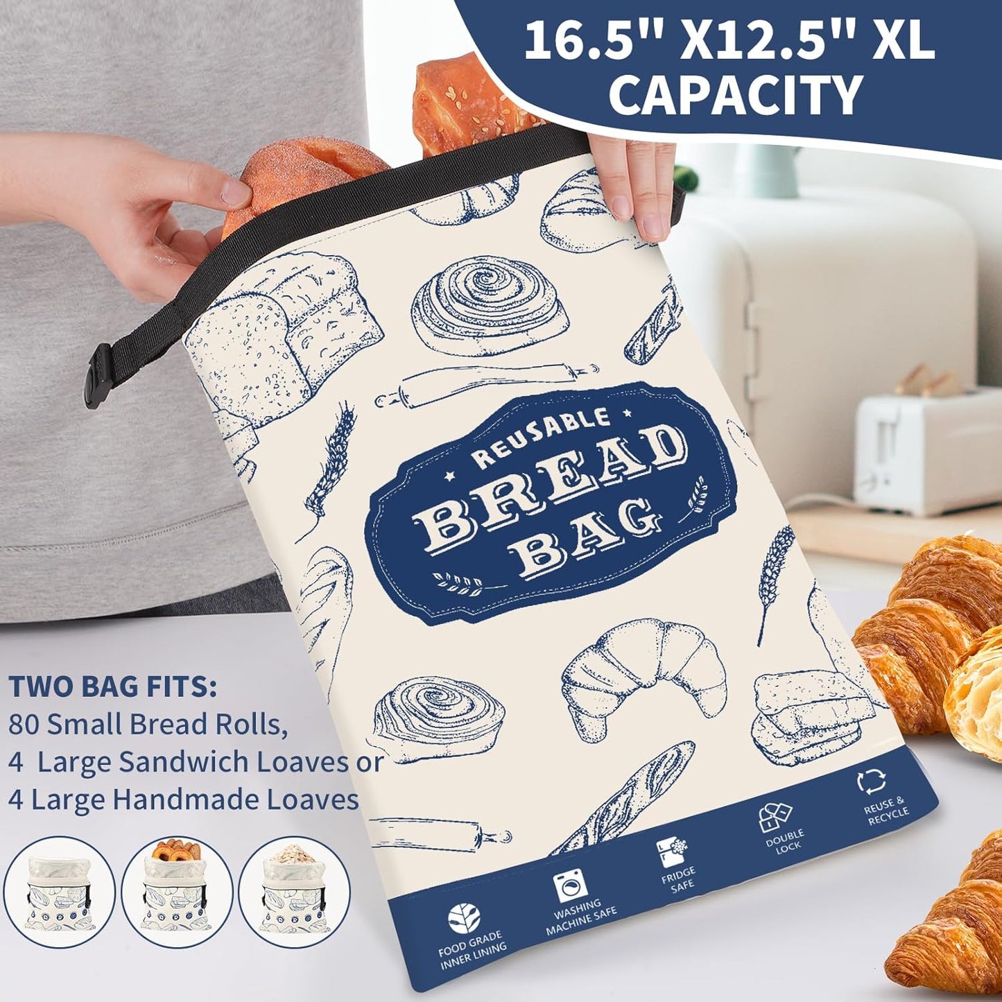 Bread Bags, 2 Packs Bread Bags for Homemade Bread, Reusable Zipper Sourdough Storage Bags for Keeping Loaf Fresh(Large, 16.5"*12.5")