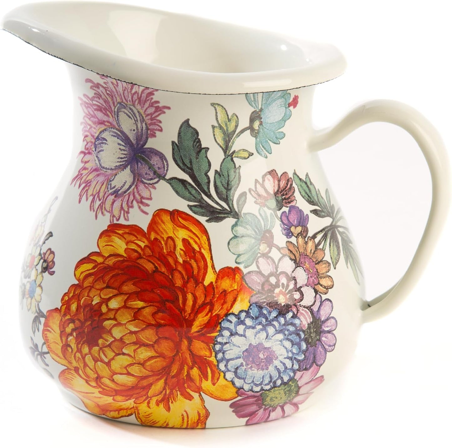 MACKENZIE-CHILDS Enamel Creamer, Creamer Dispenser with Pour Spout, Kitchen Enamelware, 14-Ounce Capacity, White Flower Market