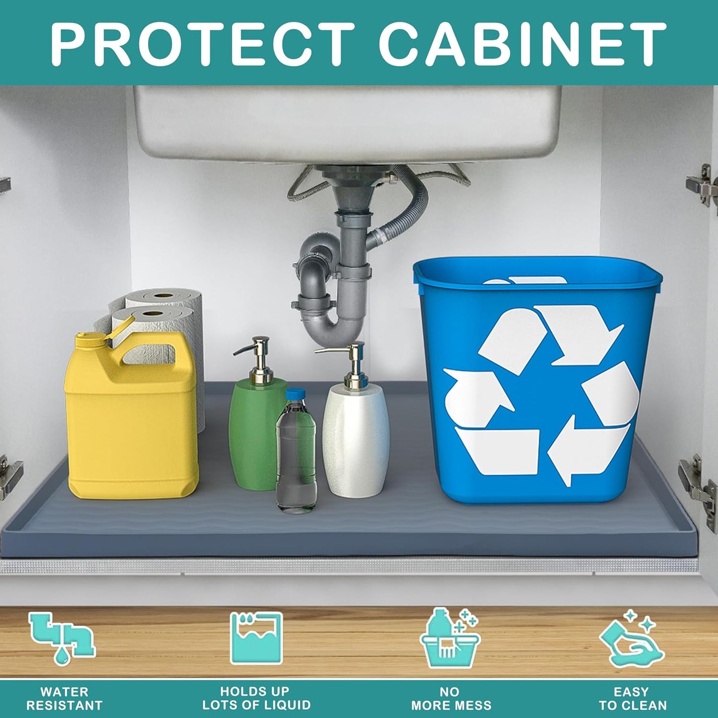 URMONA Waterproof Silicone Under Sink Mat 40'' x 22'' Shelf Liner for Kitchen and Bathroom, Cabinet and Counter Protector, Storage and Organizers, Litter Mat, Pet Cat Puppy Essentials(Cream)