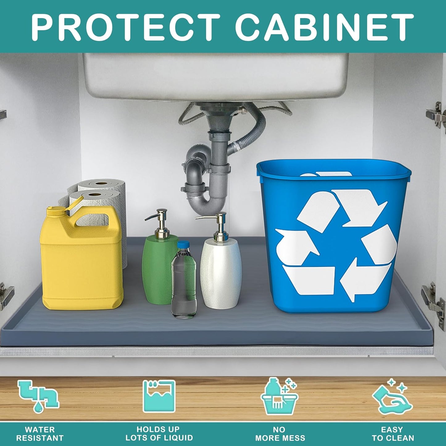 URMONA Waterproof Silicone Under Sink Mat 22'' x 19'' Shelf Liner for Kitchen and Bathroom, Cabinet and Counter Protector, Storage and Organizers, Litter Mat, Pet Cat Puppy Essentials(Beige)