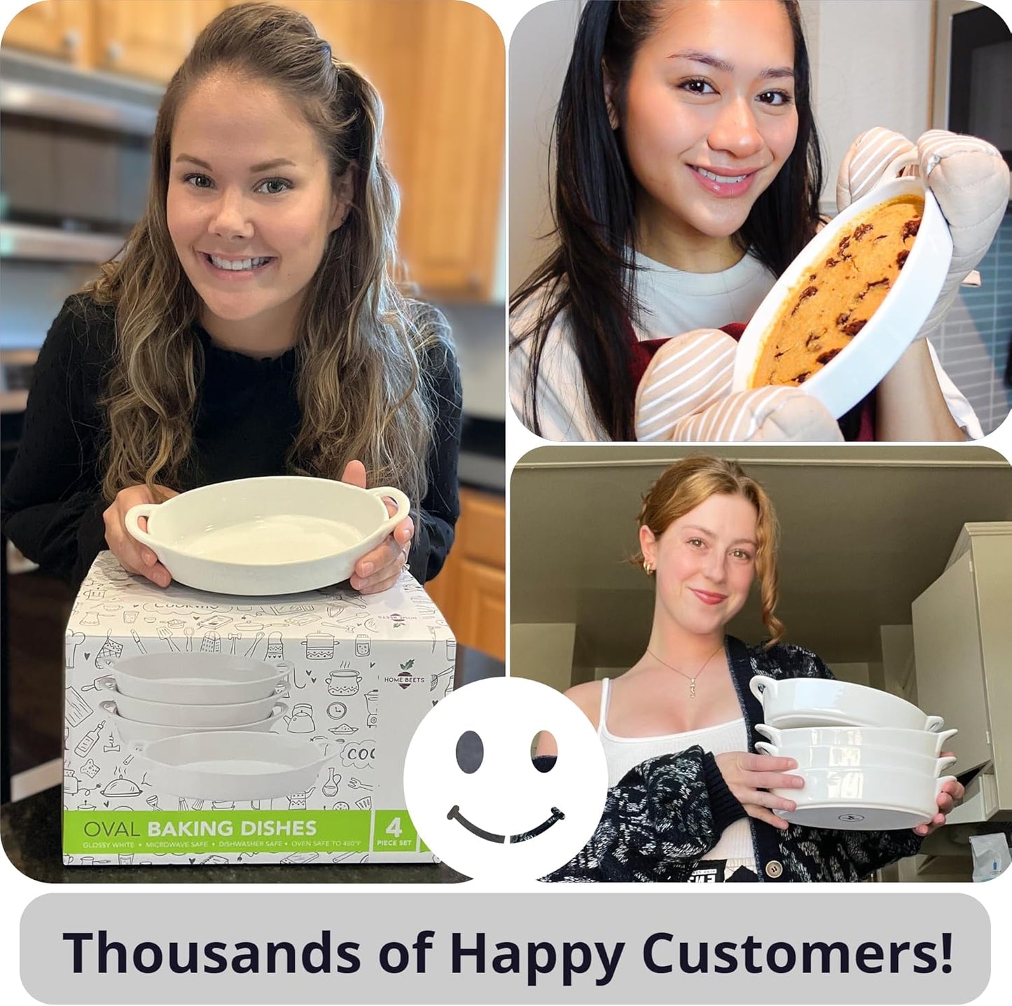 Oval Au Gratin Baking Dishes for Oven Safe and Microwave Cooking and Baking, 4 Pc. Set, Heat Resistant Ceramic with Handles for Serving, Small Mini Casserole Dish, 8" x 5", 16 oz, White