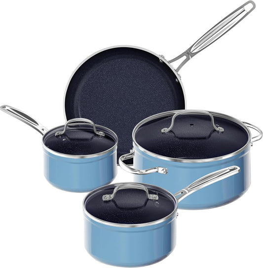 Nuwave 7pc Cookware Set Healthy Duralon Blue Ceramic Nonstick Coated, Diamond Infused Scratch-Resistant, PFAS Free, Oven Safe, Induction Ready & Evenly Heats, Tempered Glass Lids & Stay-Cool Handle