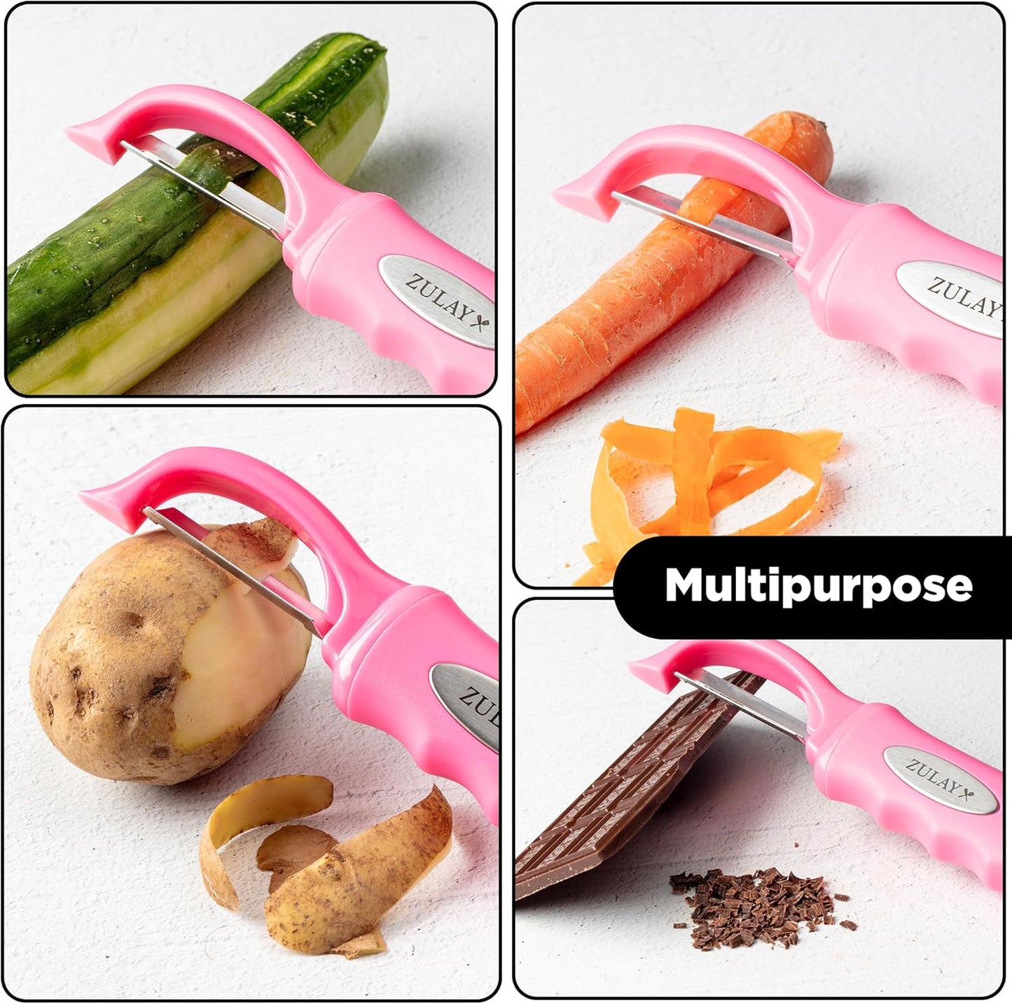 Zulay Kitchen Premium Vegetable Peeler for Kitchen - Swivel Peeler with Razor Sharp Stainless Steel Blades & Strong Ergonomic Handle - Dishwasher Safe, Easy To Use with Blemish Remover - Pink